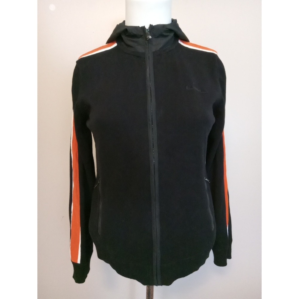 L-RL Lauren Active Women Black Orange White Stripe Zip Pocket Hoodie Size Xlarge